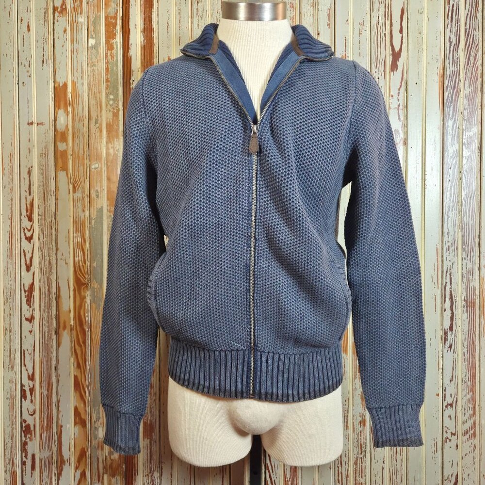 Lucky Brand Mens Washed & Worn Full-Zip Knit Sweater Jacket M Blue Cotton